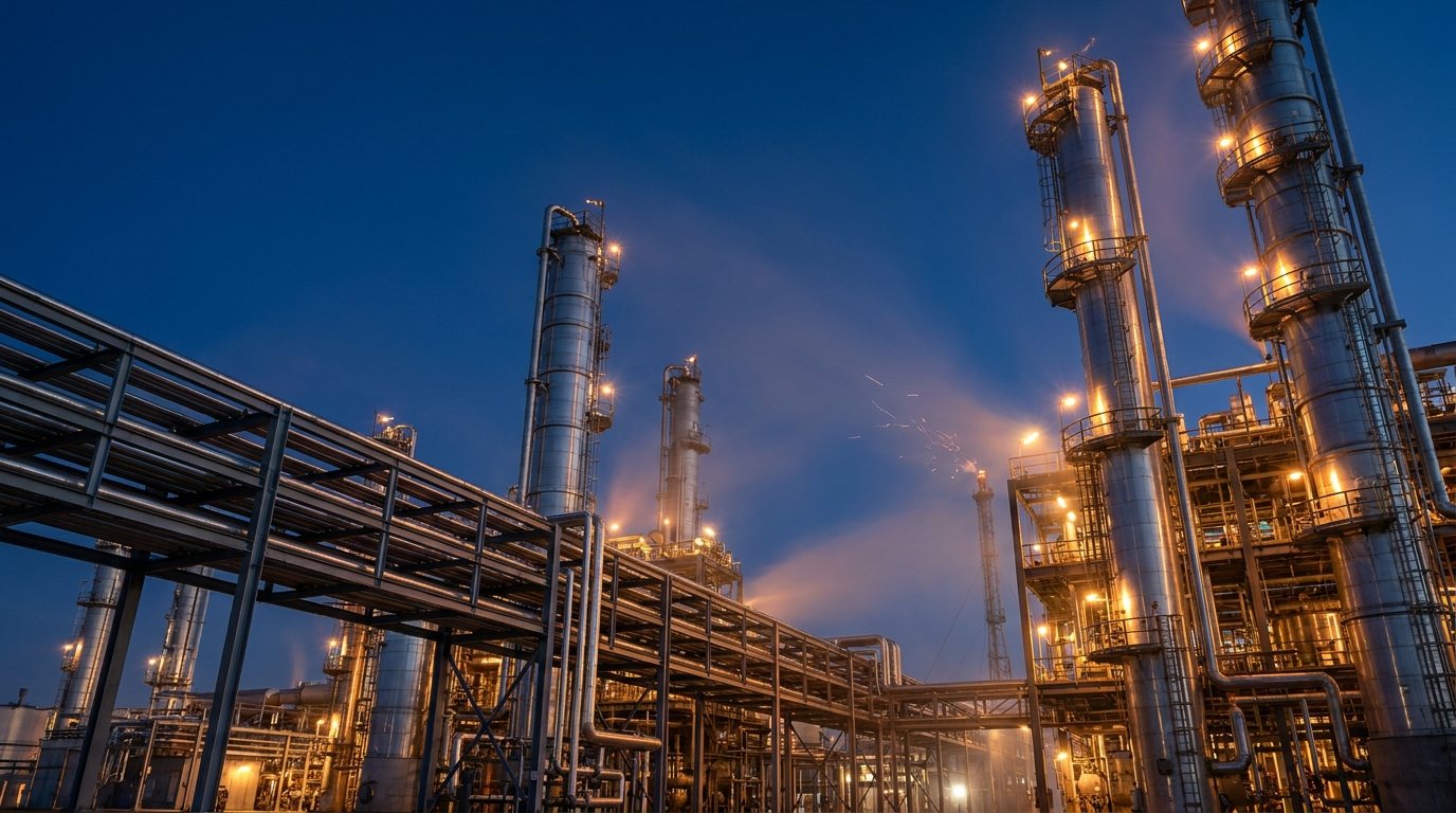 Modern petrochemical and steel complex at blue hour