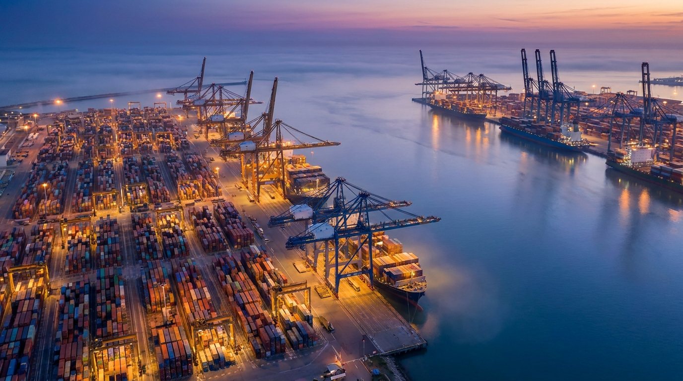 Global trade and shipping port at dusk