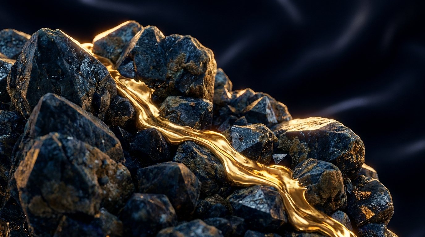 Raw mineral ore veined with molten gold